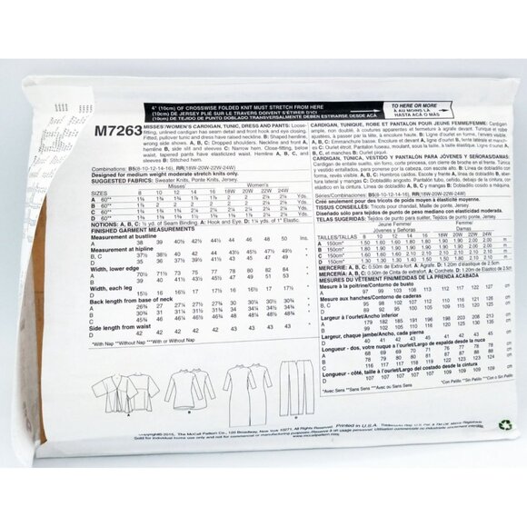 McCalls Pattern M7263 Sz B5 8-16 Misses Women Cardigan Tunic Dress Pants Uncut - Picture 2 of 2